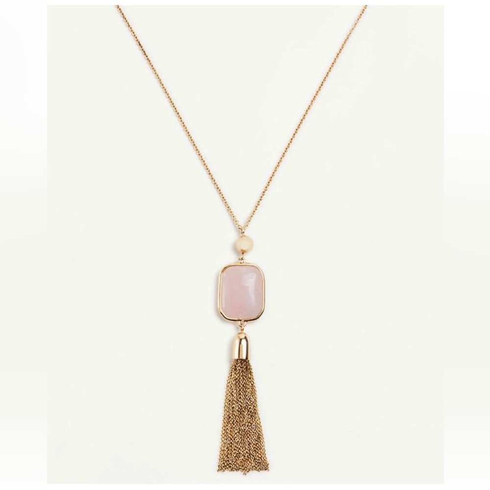 🆕 Ann Taylor Rose Quartz Crystal Stone Tassel Pendant Gold Long Necklace